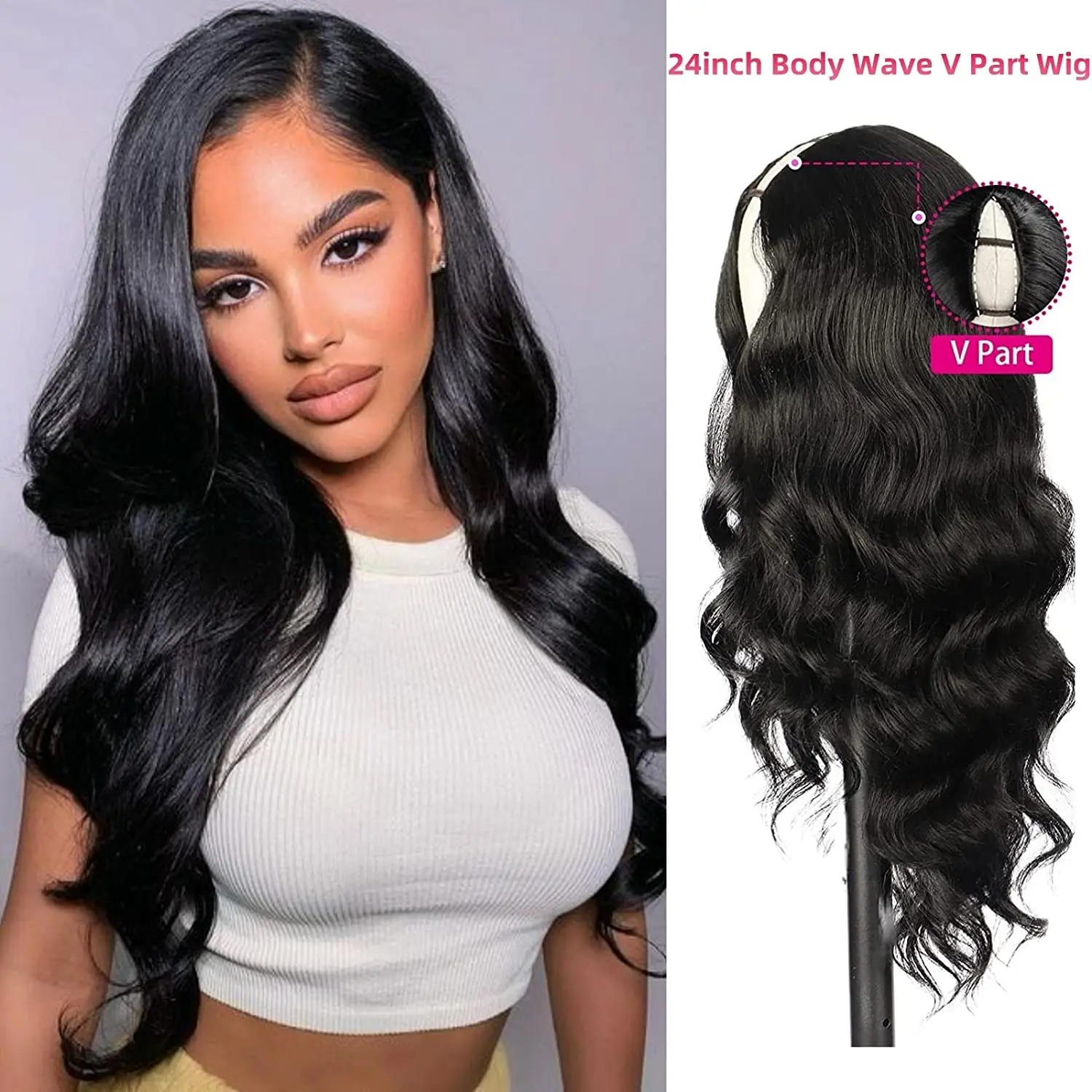 24Inch Long Body Wave Synthetic Part For Women V Shape No Leave Out Heat Resistant Fiber Wigs
