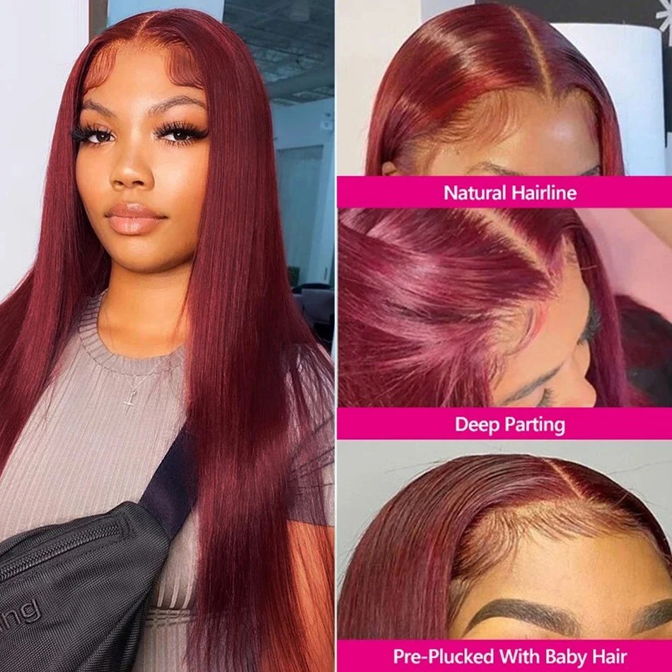 Red 99J Transparent 13X6 Front Human Hair Bury Straight 13X4 HD Lace Frontal For Women Colored Wig