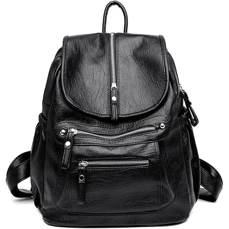 leather backpack with multiple zipper pockets and hardware, fashionable and minimalist women's bag
