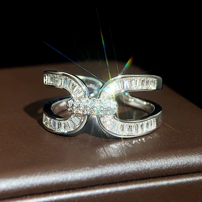 Wedding Rings for Women: Sterg Sier Open Cross Band with Princess Cut White Topaz & CZ Gemstones