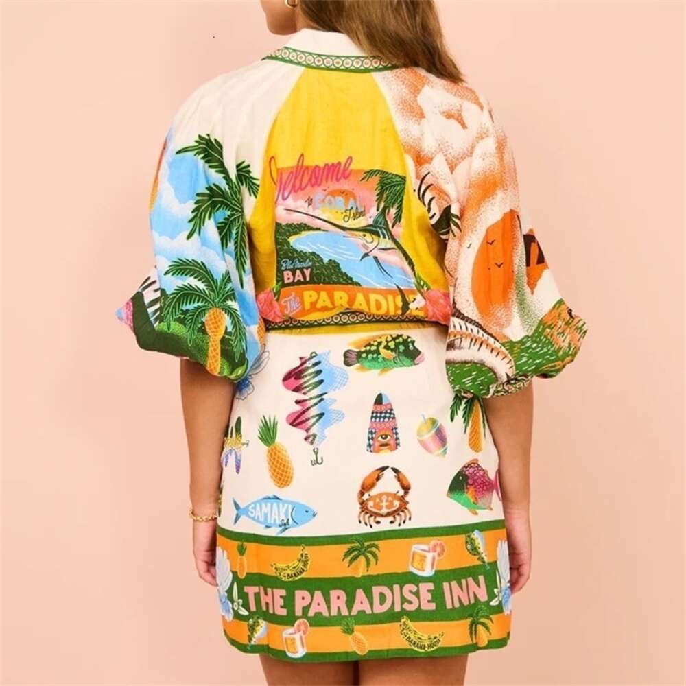 2024 New Versatile Dress Elegant Leisure Printed Shirt Cardigan Style Comfortable Runway Flower Dresses Sexy Aline Ladies Summer Beach Vaction Robe Cl