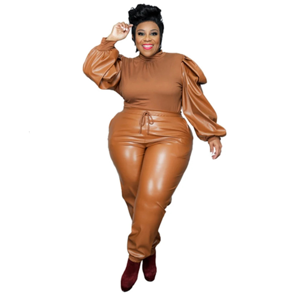 Plus Size Leather Two Piece Set XL5XL PU Fashion Womens Clothing Lantern Sleeve Solid Color Matching Sets Winter Casual Outfit 240307