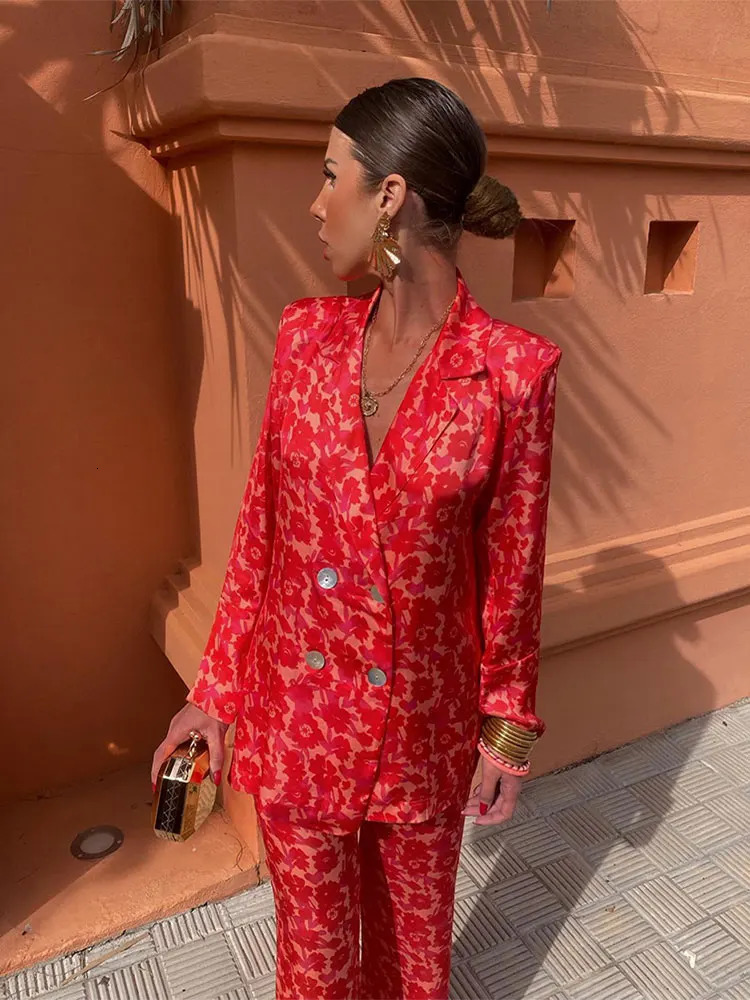 Elegant Fashion Print Womens 2 Piece Set Loose Lapel Double Breasted Blazer High Waist Pants Suit 2024 Spring Lady Chic Outfits 240314