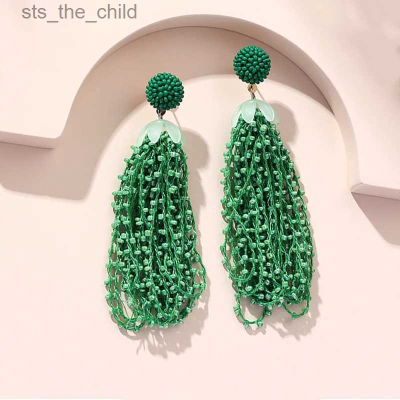 Dangle Chandelier Green rice bead long tassel earrings for womens retro Bohemian ethnic style beach holiday pendant earrings Korean fashionC24326