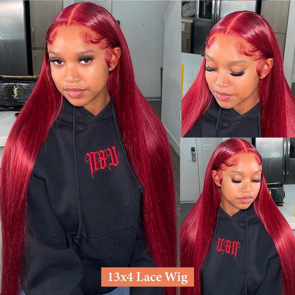 99J Bury Straight 13X4 Transparent Front Human Hair Wigs Brazilian Red Colored Lace Frontal Wig For Women Pre Plucked