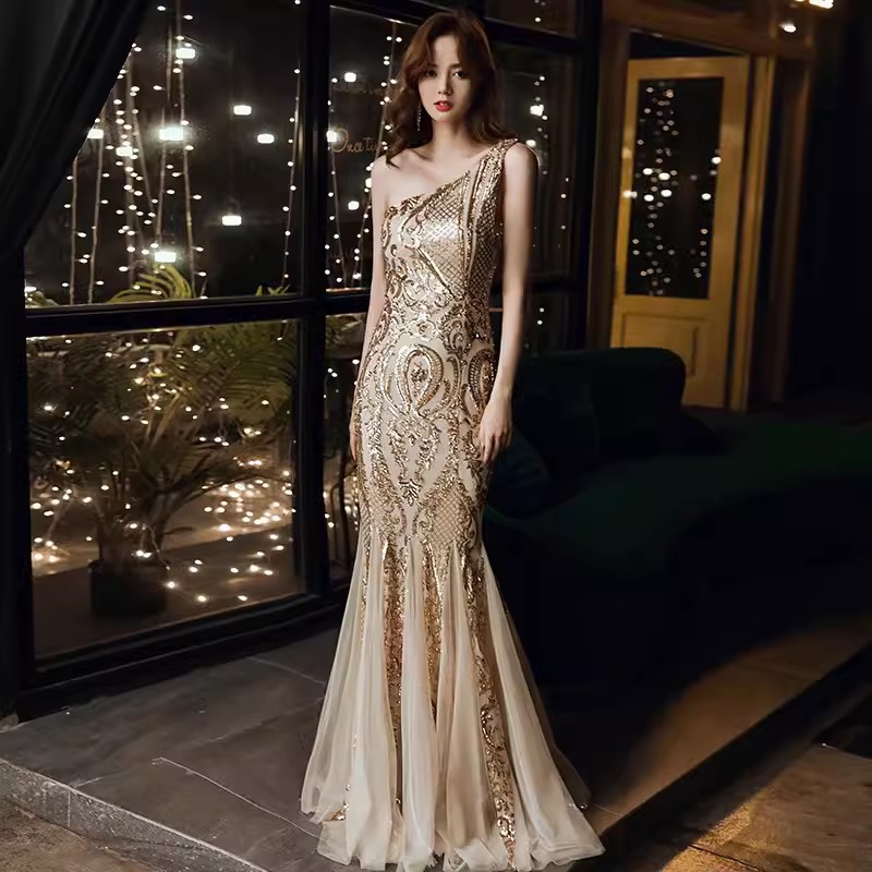 Stunning Green Sequin Prom Evening Dresses Long Mermaid One shoulder Party Sexy Sleevless Ball Party gowns formal women robe de soiree