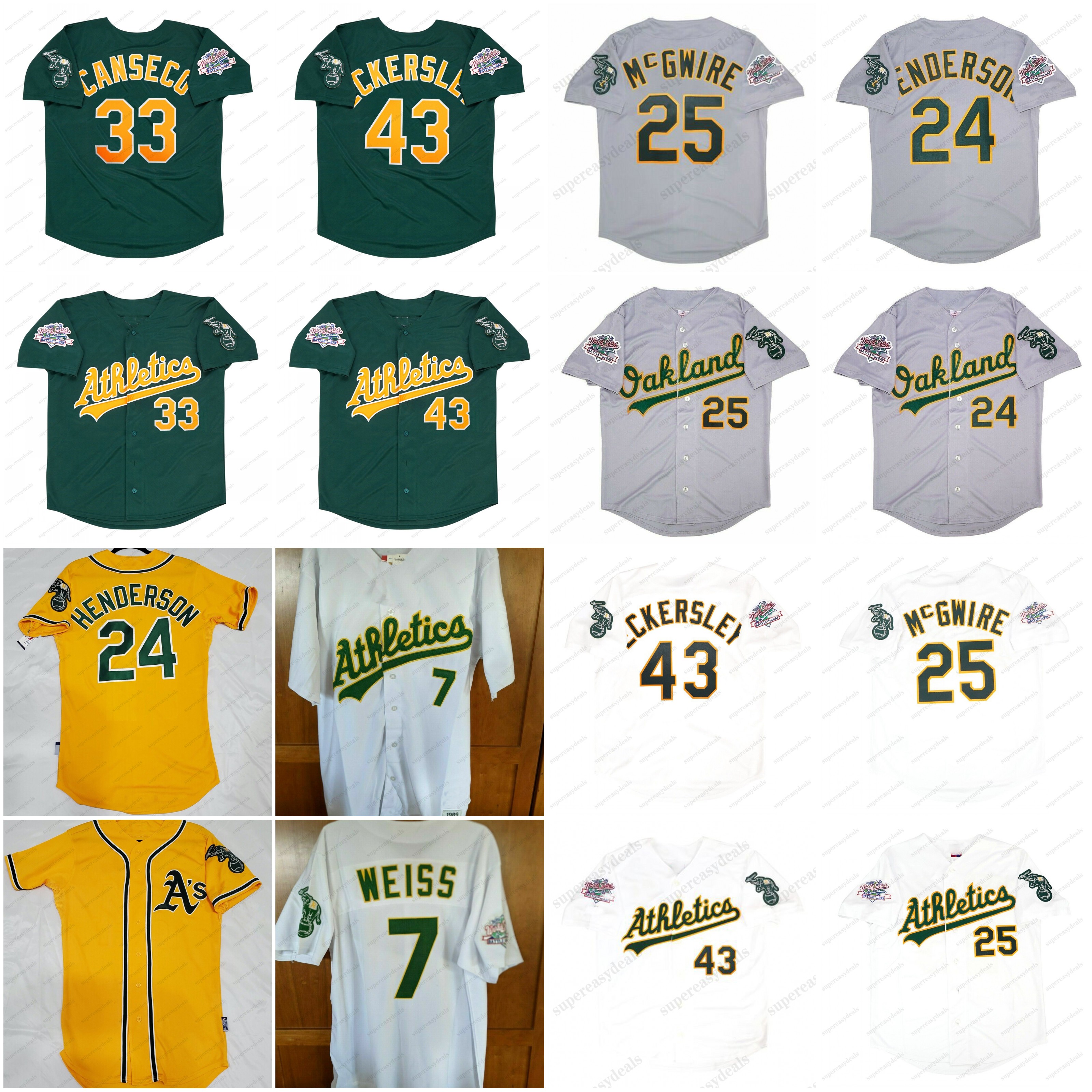 Oakland 1989 world series Athletics Jersey 7 WEiss 24 Rickey Henderson 25 McGwire 33 Canseco STEWART Henderson 43 Eckersley