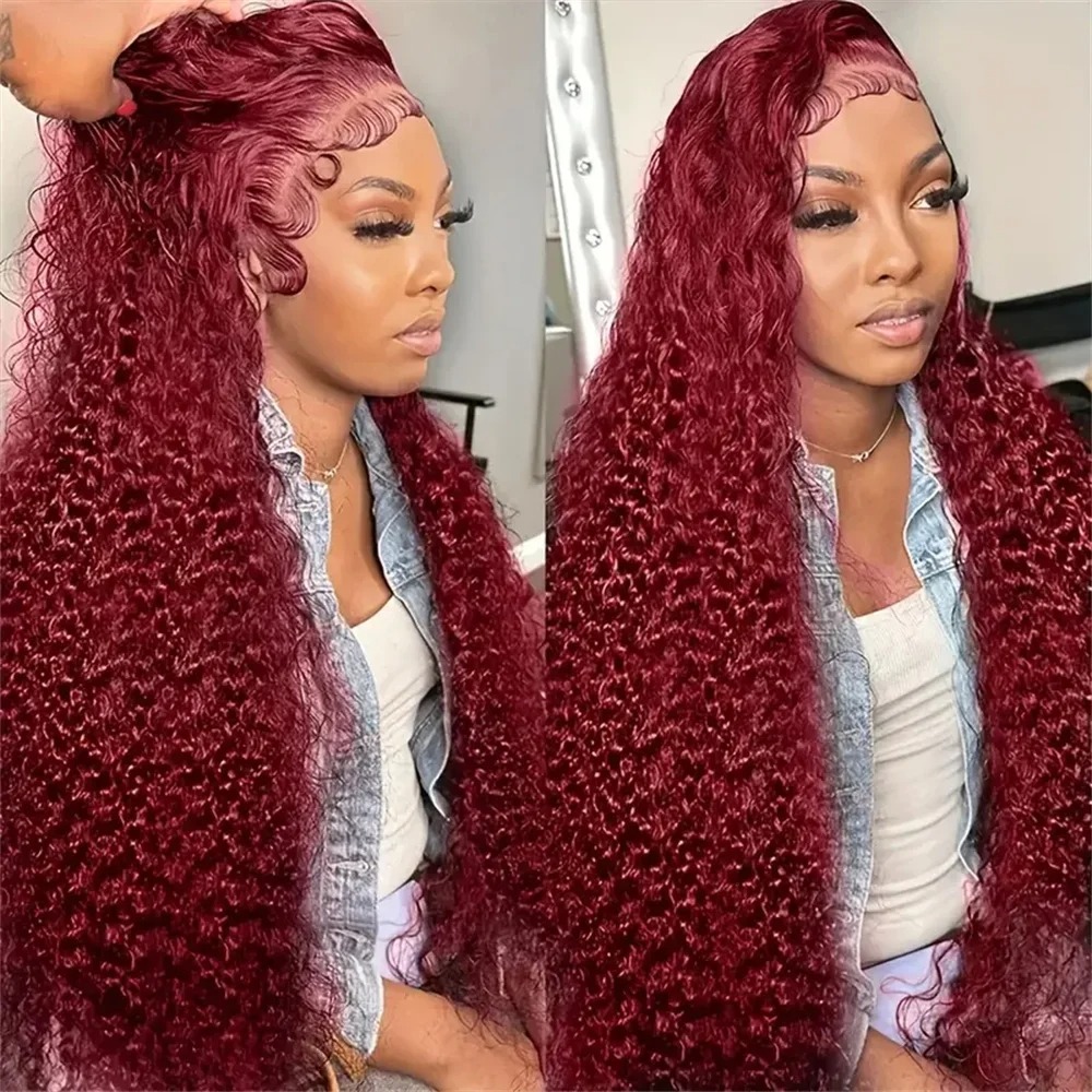 30 40 Inch Curly 99J Bury 13X4 Front Human Hair Brazilian Deep Wave 13X6 Lace Frontal Wigs For Women