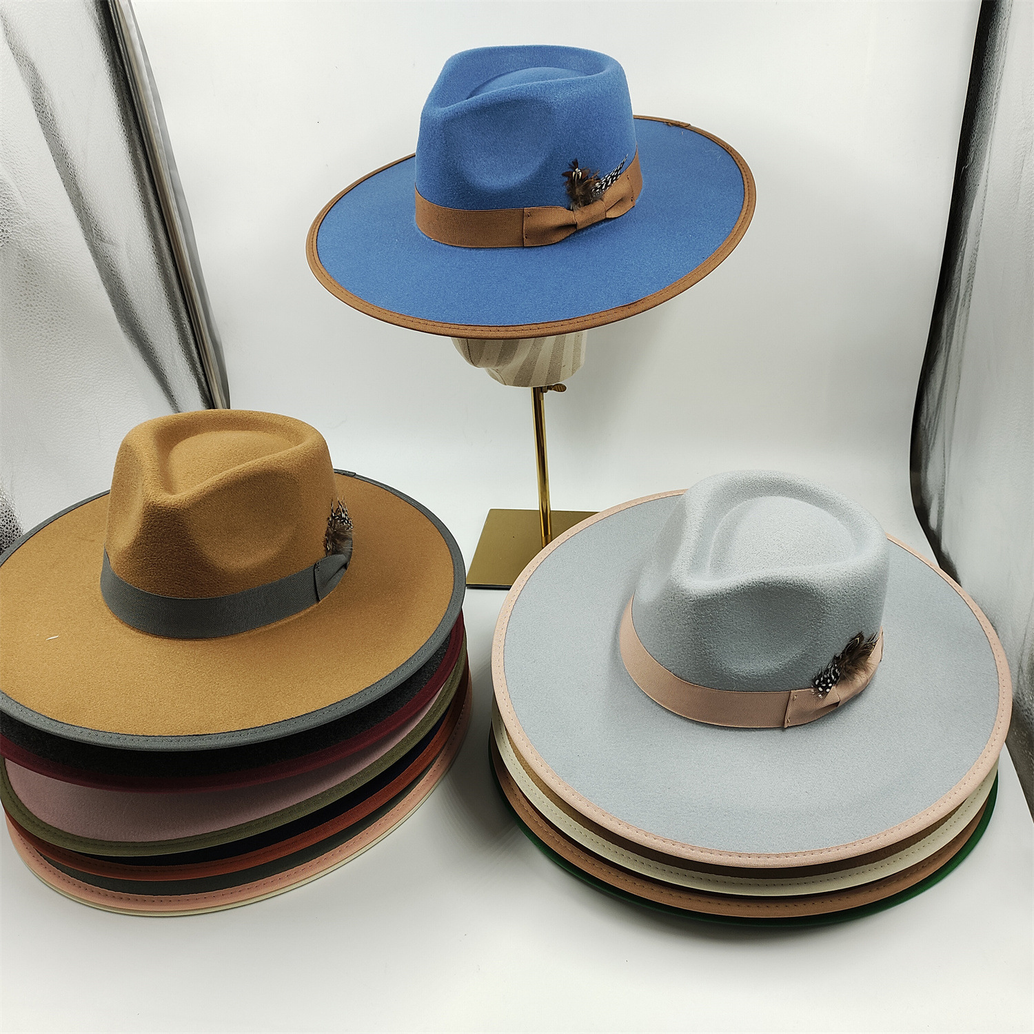 New contrasting color large brim cashmere top hat feather accessories woolen soft woolen hat British top hat autumn and winter 231202