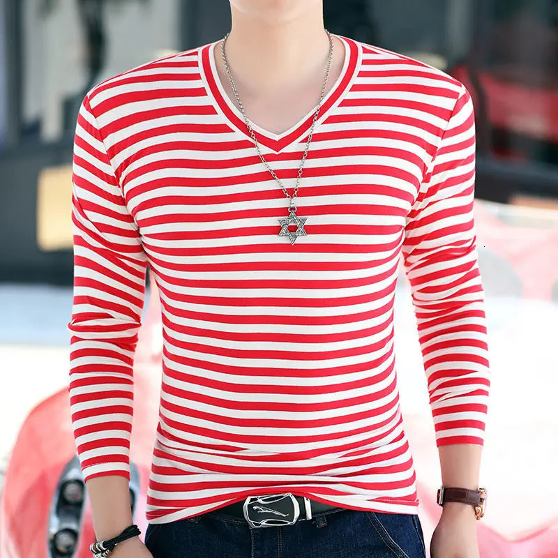 Spring and Autumn Fashion Pure Cotton Simple Casual V-neck Stripe Slim Fit Long Sleeve Oversized Youth Mens T-shirt 240306
