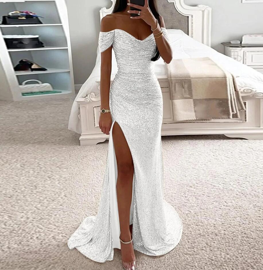Elegant Off The Shoulder Sequins Mermaid Bridesmaid Ruched High Thigh Split Blingbling Wedding Guest Maid Of Honor Dresses Bc18214 0326