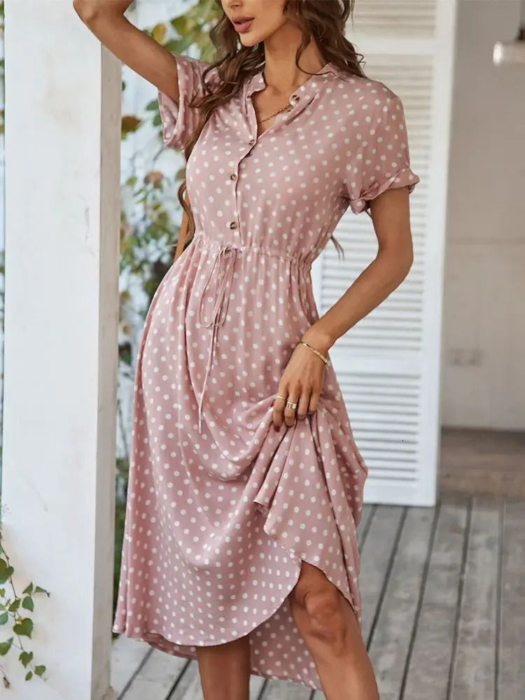 Ladies Polka Dot Print Shirt Dres Casual Midi Holiday Summer Dress Female Loose Women Beach Sundress Robe Vestidos 240315
