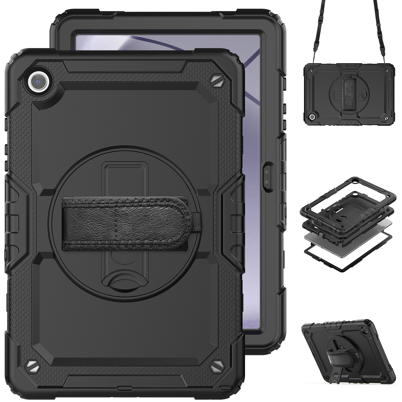 Case For Samsung Galaxy Tab A9 Plus 11 inch A9+ 360 Rotating Hand Strap Kickstand Tablet Cover Rugged Shockproof Armor Cases + Shoulder Strap with Scr