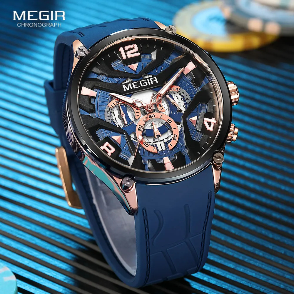 MEGIR Olive Green Sport Watch Men Fashion Silicone Strap Waterproof Chronograph Quartz Wristwatch with Auto Date Luminous Hands 240311