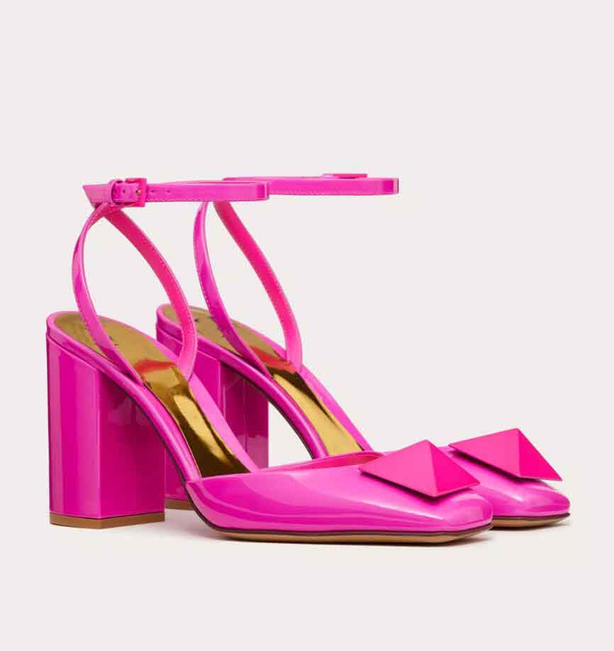 Summer Walk Italy Brand Women's Sandals Shoes Patent Leather Maxi Stud Ankle Strap Pump Party Wedding High Heels Lady Walking Women Black Chunky Heel Dress Shoe Box