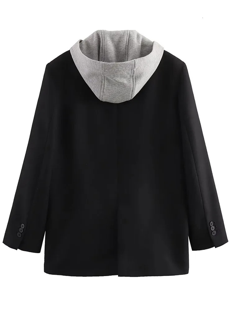 Fashion Casual Flip Hooded Blazer for Women Lapel Single Breasted Zipper Splicing Coats Retro Solid Long Sleeve Pocket outwear 240318