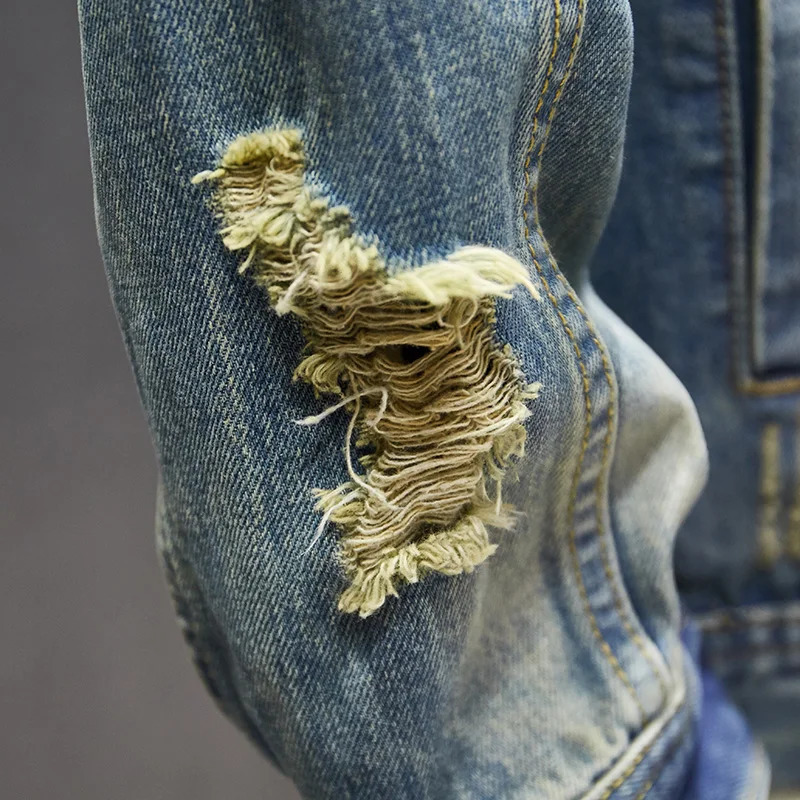 Mens Classic Retro Washed Distressed Hole Ripped Denim Jacket Mens Casual Slim Long Sleeve motorcycle jeans Jacket 5XL 240319