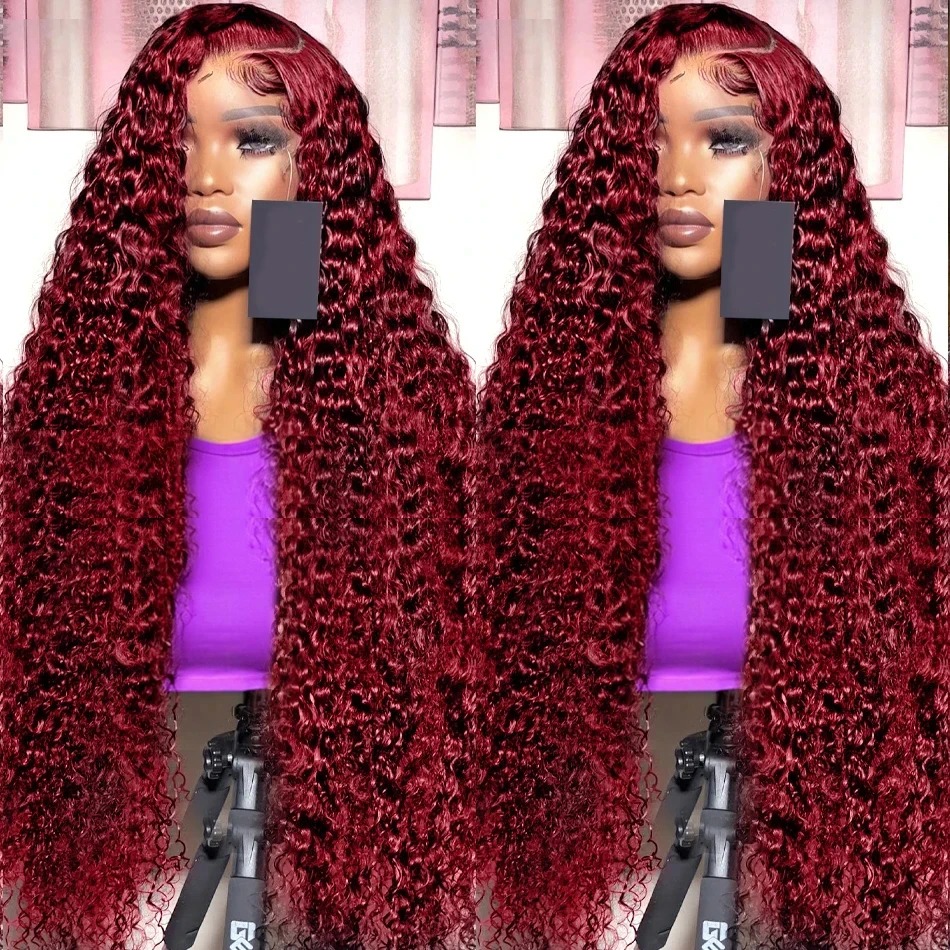 13X4 Deep Wave Frontal Wig Transparent 99J Bury Full Lace Front Red Colored HD Curly Human Hair Wigs