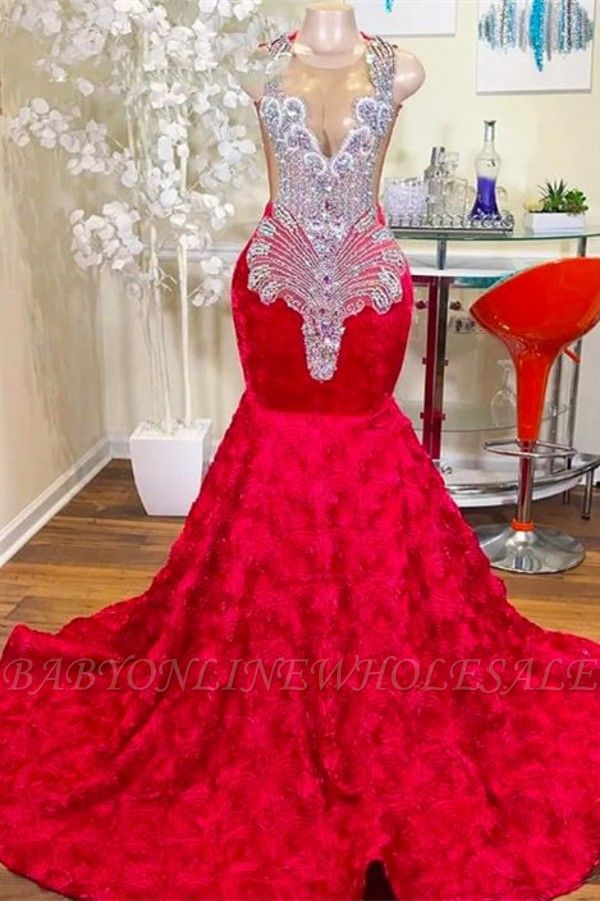Red Prom Dresses With White Crystals Beadings Appliques Sexy Sheer Jewel Neck Mermaid Ruffles Lace Wers Long Evening Gowns Vestidos De Bal Bc15853 666