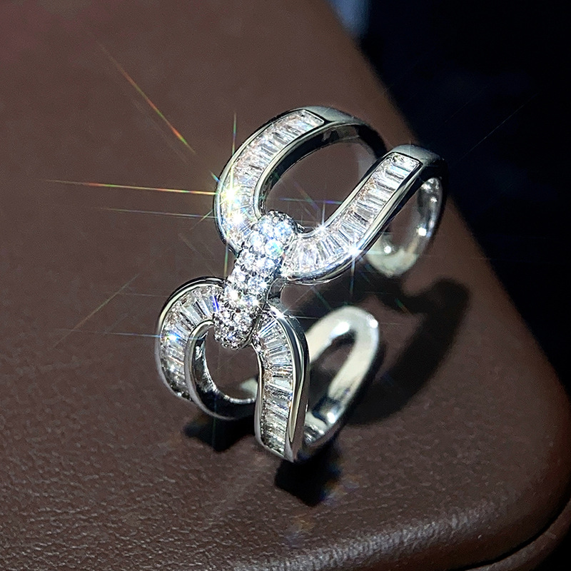 Wedding Rings for Women: Sterg Sier Open Cross Band with Princess Cut White Topaz & CZ Gemstones