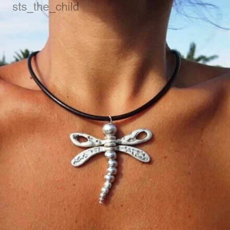 Chokers New Ethnic Style Dragonfly Metal Pendant Necklace Womens Fashion Bohemian Leather Necklace Beach Party JewelryC24326