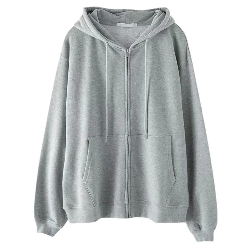 Grey Sweatshirt Hooded Casual Cotton Cardigan Sweatshirts Gray Women Clothes Solid Zipper Hoodies WLong Sleeves 240318