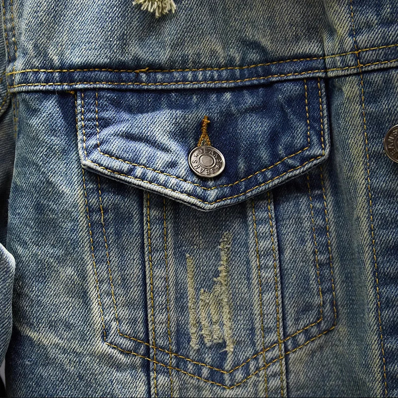 Mens Classic Retro Washed Distressed Hole Ripped Denim Jacket Mens Casual Slim Long Sleeve motorcycle jeans Jacket 5XL 240319
