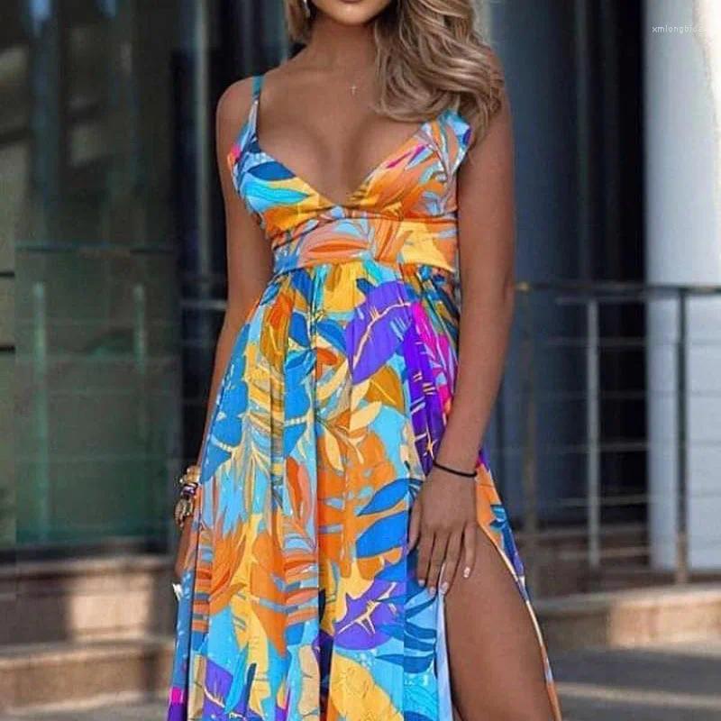 Casual Dresses Leaves Printed Bohemian Dress 2024 Summer Women Spaghetti Strap V Neck High Split Boho Beach Long Maxi