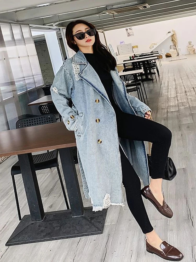 Girls Denim Trench Coat Jackets Winter For Women Coats Female Overcoat 240315