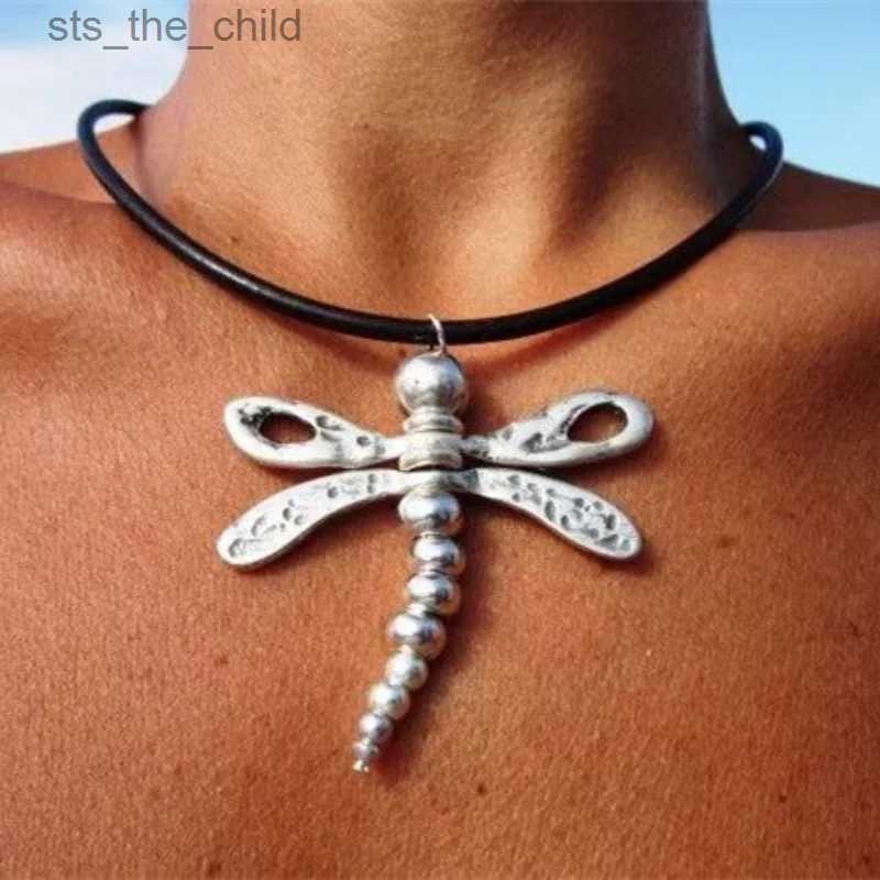 Chokers New Ethnic Style Dragonfly Metal Pendant Necklace Womens Fashion Bohemian Leather Necklace Beach Party JewelryC24326