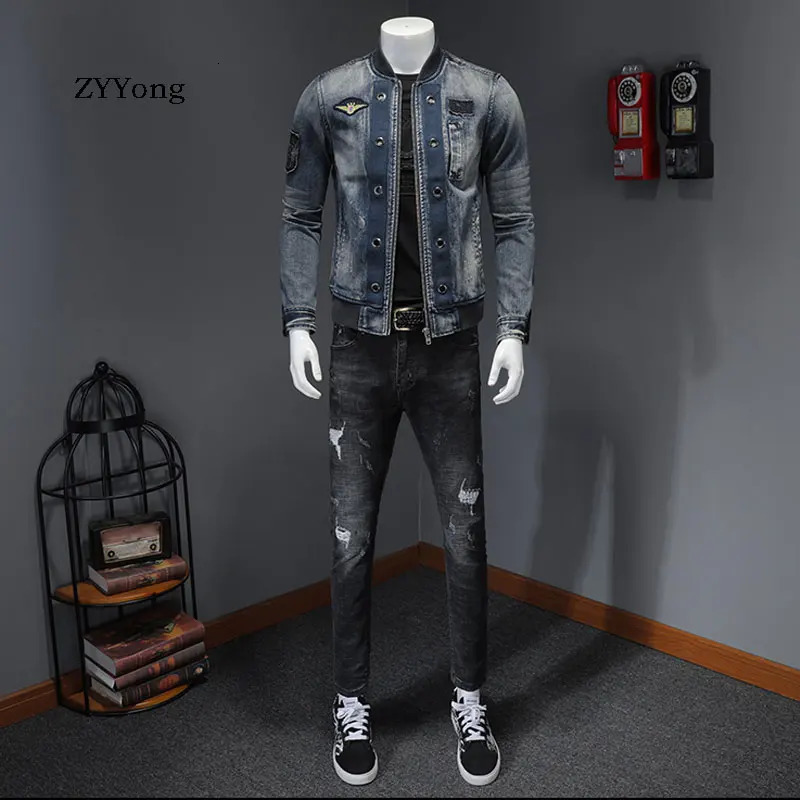 European Style Stand Collar Patch Bomber Pilot Blue Denim Jacket Men Jeans Coats Motorcycle Casual Outwear Clothing Overcoat 240319