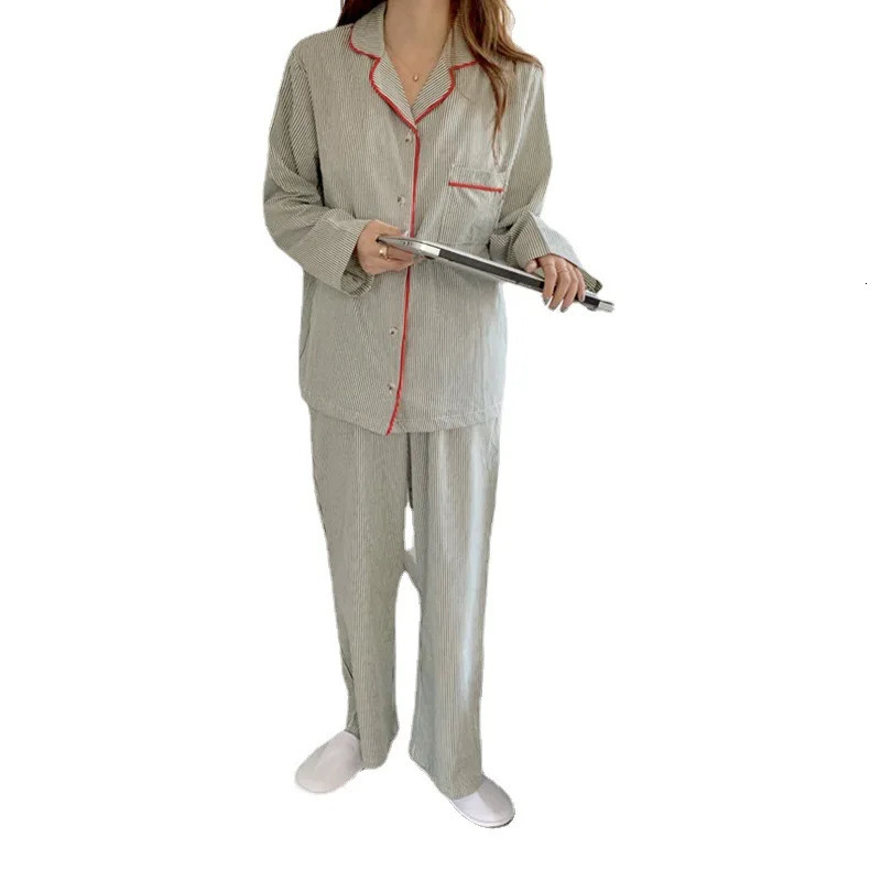 Contracted Stripe Couples Lapel Button Cardigan Long Sleeve Pants Loose Spring Summer ice silk Sleepwear Loungewear 2 Sets 240314