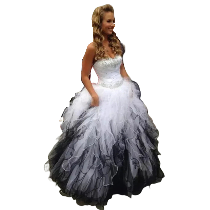2024 Vintage Ruffles Pluffy Quinceanera Dresses Black And White Floor Length Tulle Prom Ball Gown Crystals Beaded Sweetheart Neck Corset Tulle Sweet 1