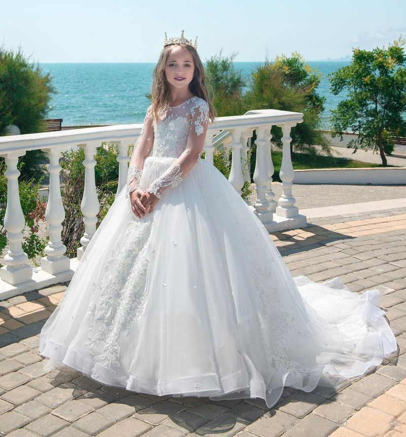 2024 Designer Vestidos Kids First Communion Dresses For Little White Flower Girl Dress Princess Child Wedding Party Juniorbridesmaid Maxi Prom Evening