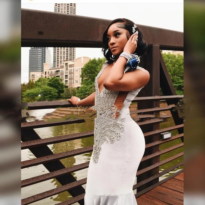 Designer Sier Prom Dress 2024 Blackgirl Rhinestone Veet African Women Party Gowns Long See Through Vestidos De Festa 0431