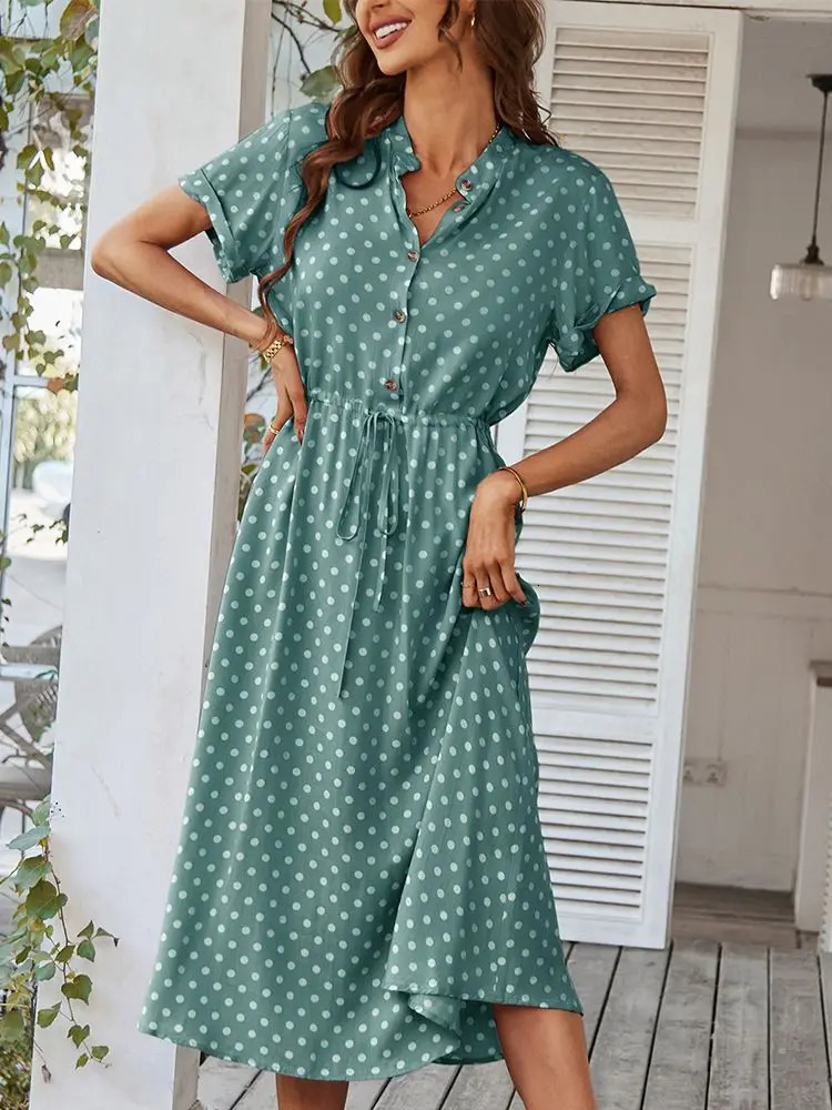 Ladies Polka Dot Print Shirt Dres Casual Midi Holiday Summer Dress Female Loose Women Beach Sundress Robe Vestidos 240315