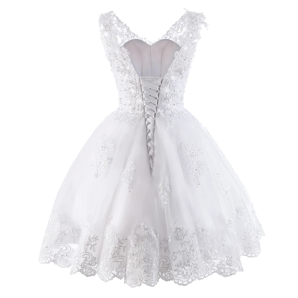 2024 Short Wedding Dress Women V-neck Lace Appliques Beaded Knee-Length Tulle Bridal Bride Party Gown Vestidos de Novias