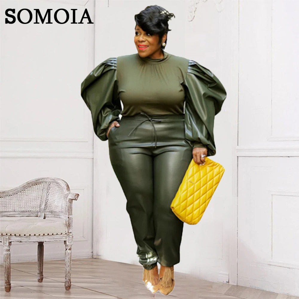 Plus Size Leather Two Piece Set XL5XL PU Fashion Womens Clothing Lantern Sleeve Solid Color Matching Sets Winter Casual Outfit 240307