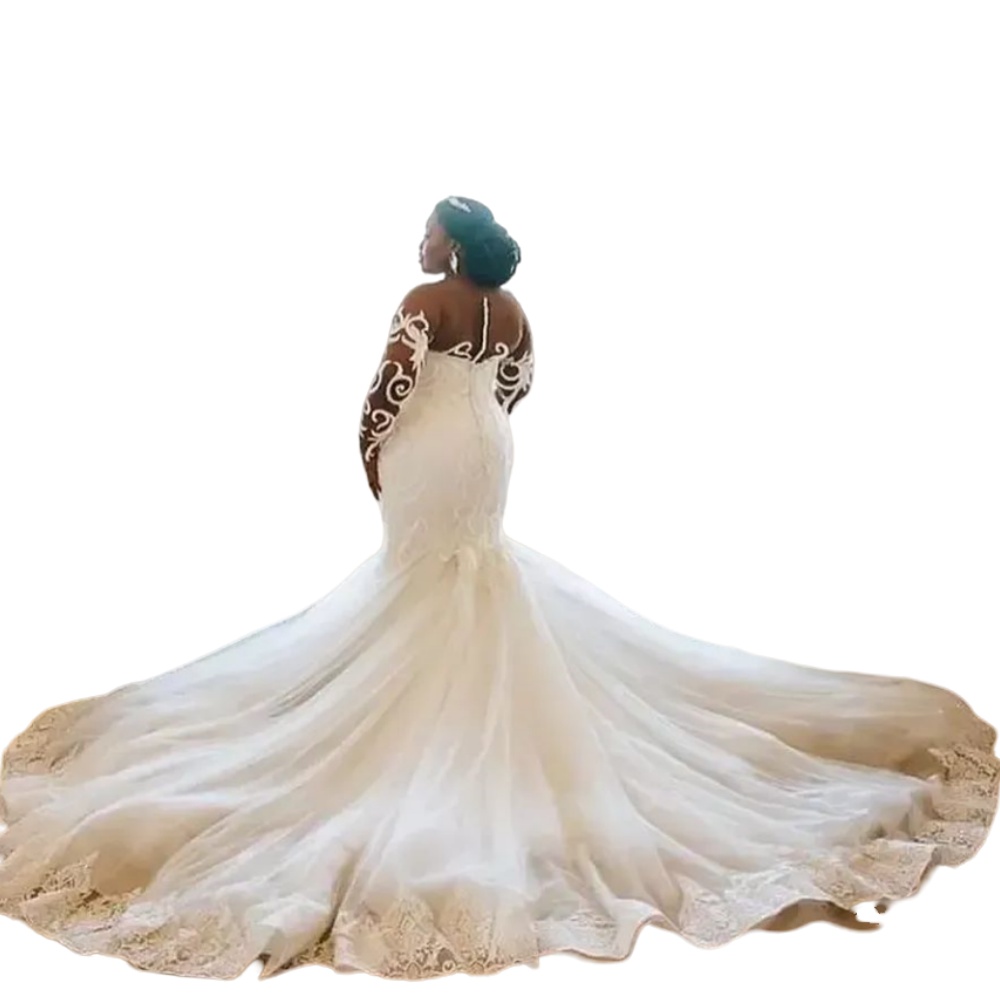 2024 Sexy Arabic Mermaid Wedding Dresses Illusion Jewel Neck Lace Appliques Long Sleeves Oversirts Bridal Gowns Plus Size Court Train 0513