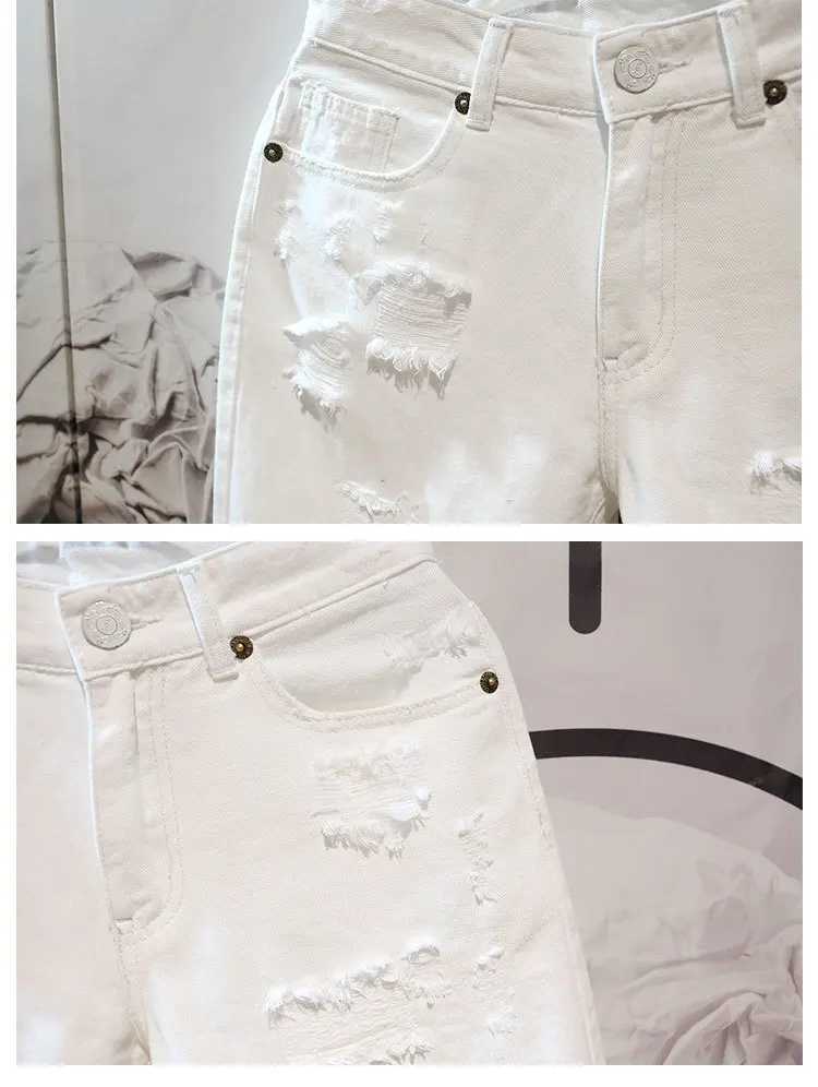 Men's Jeans 2022 Summer Fashion Cutting Mens Tattoo Tear Shorts Loose Straight Casual White Denim Pants Street Clothing Mens Boyfriend JeansL2403