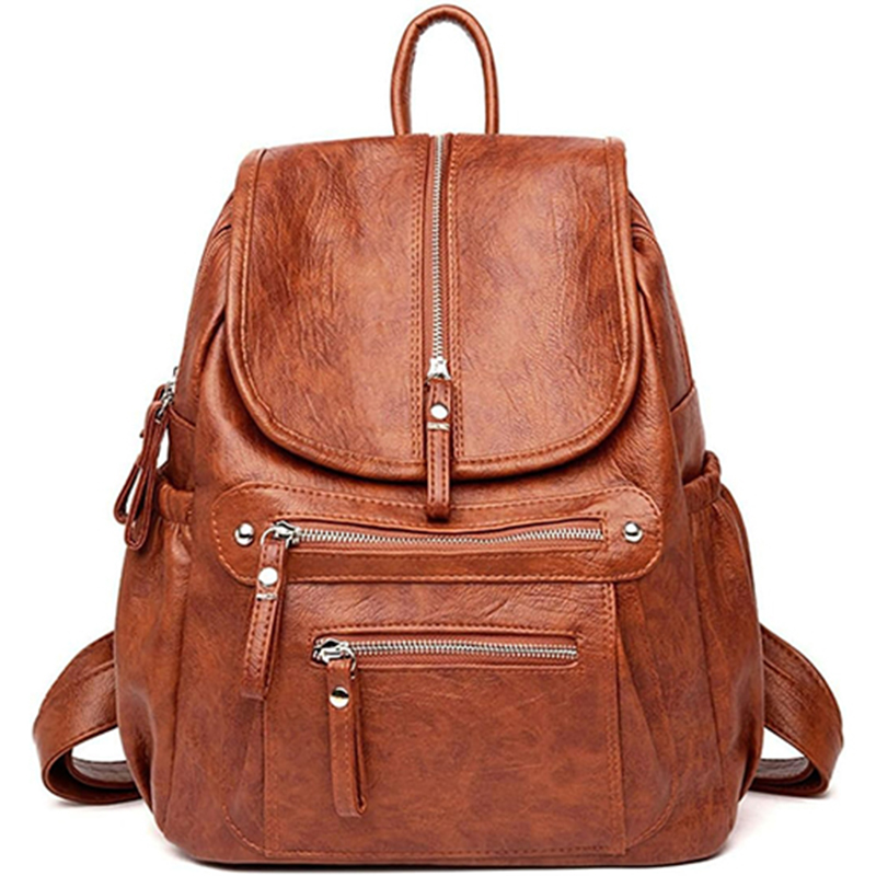 leather backpack with multiple zipper pockets and hardware, fashionable and minimalist women's bag