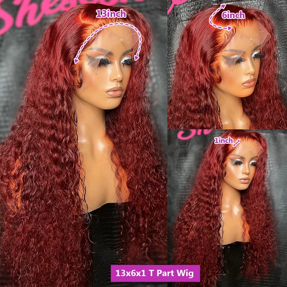 13X4 Deep Wave Frontal Wig Transparent 99J Bury Full Lace Front Red Colored HD Curly Human Hair Wigs