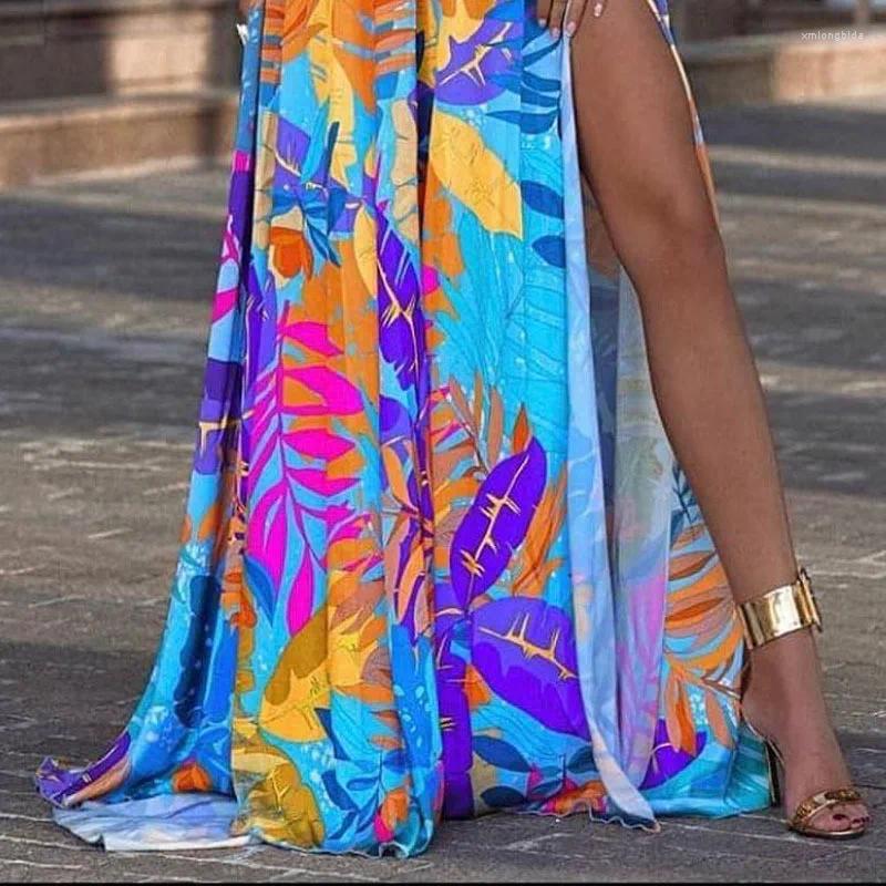 Casual Dresses Leaves Printed Bohemian Dress 2024 Summer Women Spaghetti Strap V Neck High Split Boho Beach Long Maxi