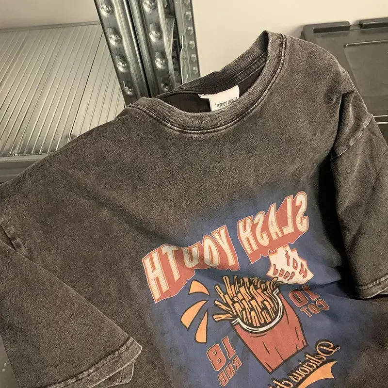 American high street retro old tiedye French fries printed shortsleeved Tshirt men and women trendy hip hop halfsleeved top 240315