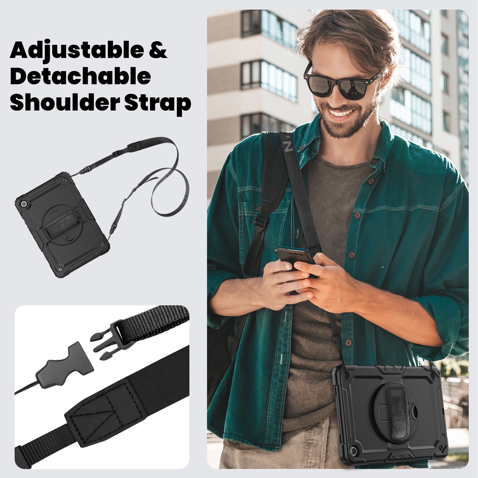 Case For Samsung Galaxy Tab A9 Plus 11 inch A9+ 360 Rotating Hand Strap Kickstand Tablet Cover Rugged Shockproof Armor Cases + Shoulder Strap with Scr
