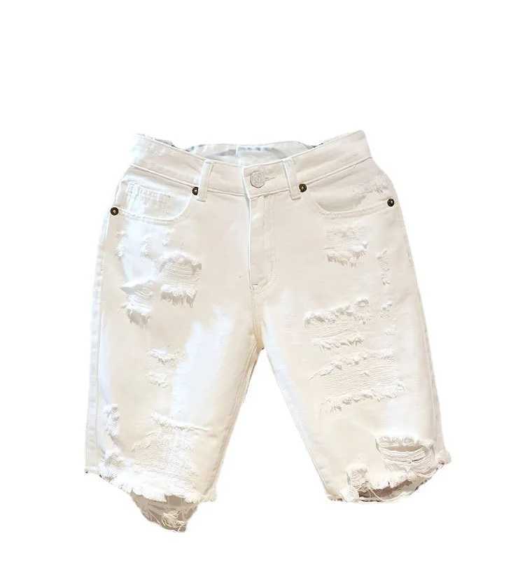 Men's Jeans 2022 Summer Fashion Cutting Mens Tattoo Tear Shorts Loose Straight Casual White Denim Pants Street Clothing Mens Boyfriend JeansL2403