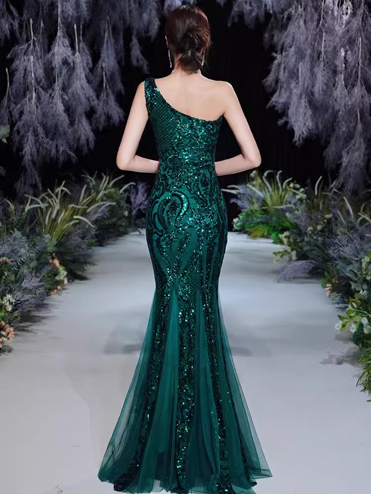 Stunning Green Sequin Prom Evening Dresses Long Mermaid One shoulder Party Sexy Sleevless Ball Party gowns formal women robe de soiree