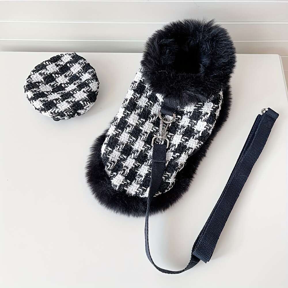 Dog Clothes, Winter Autumn Plaid Cape with Leash Beret Set for Dog, Coat Basic and Chic Tweed Fabric, Chest Adjustable, Pet Clothes
