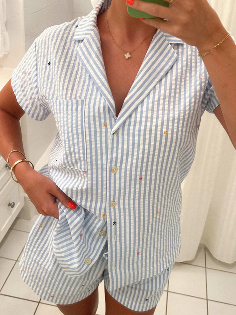 Siyova Women s Summer Shorts Outfits Pyjamas 2 Piece Short Sleeve Lapel Tops Stripe Print with Elastic Waist Cute 240228