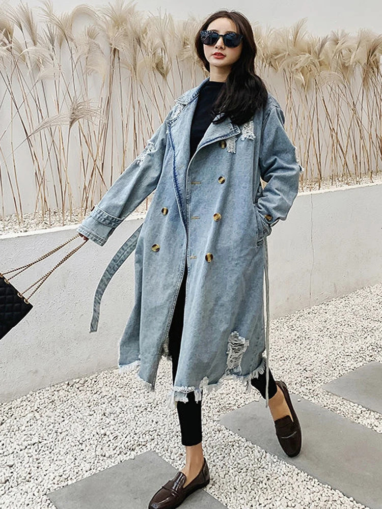 Girls Denim Trench Coat Jackets Winter For Women Coats Female Overcoat 240315